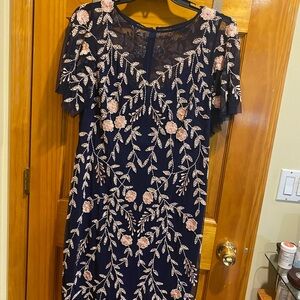 Adrianna Papell Navy and Pink Embroidered Dress